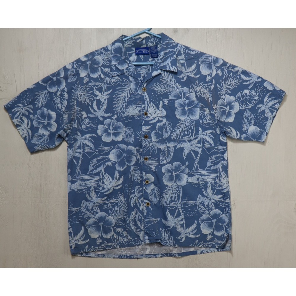 Mens Vintage OP OCEAN PACIFIC Hawaii Shirt Blue White Floral Button Up Size L